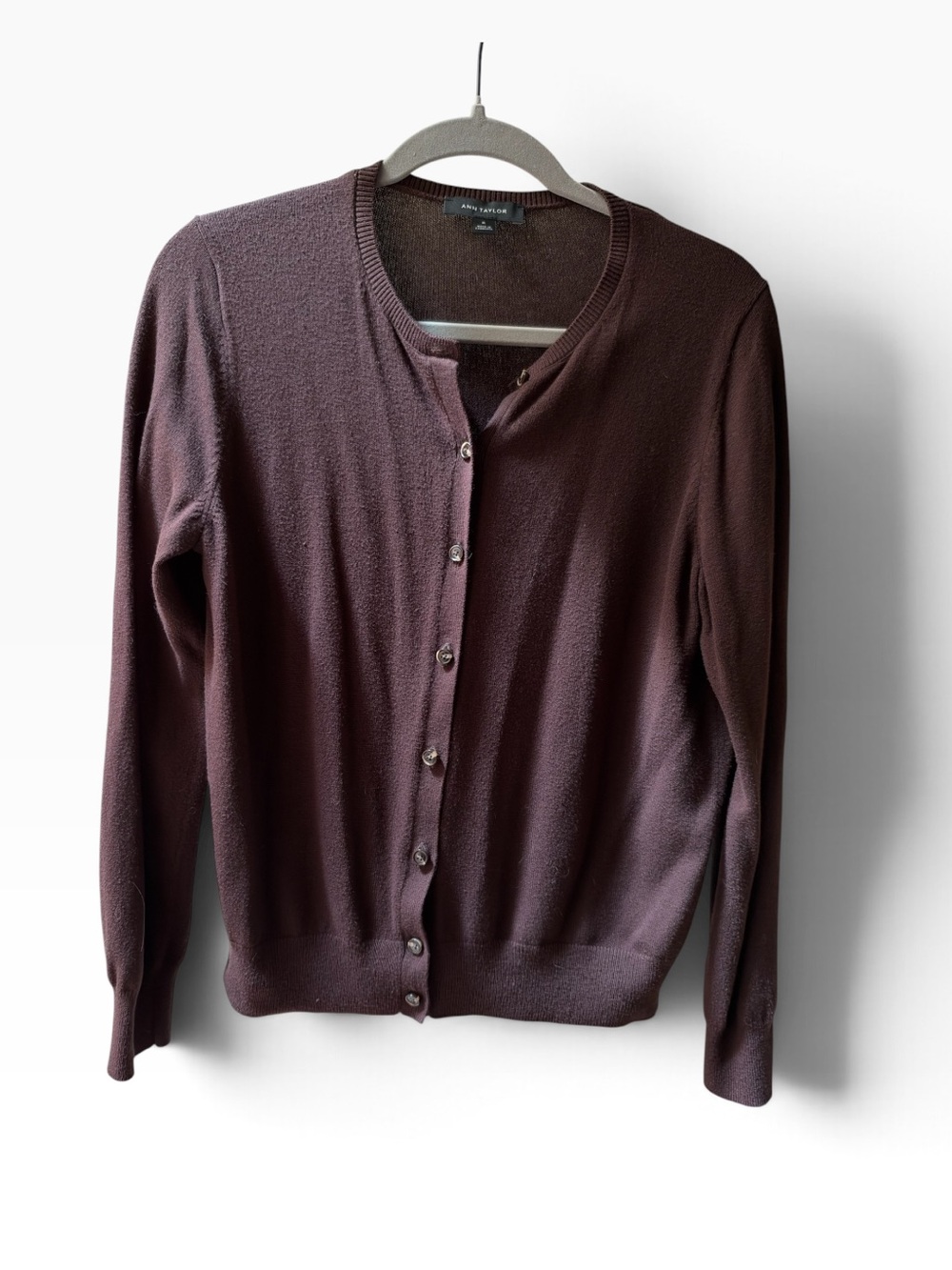 Ann Taylor Dark Brown Button-Front Crewneck Cardigan